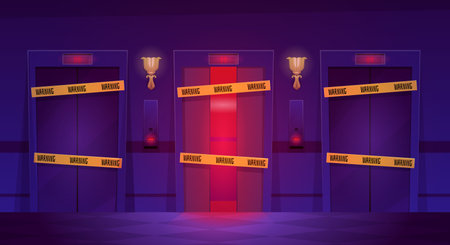 Three elevators with different door opening positions sealed with yellow warning tape, vector flat dark lobby interiorのイラスト素材