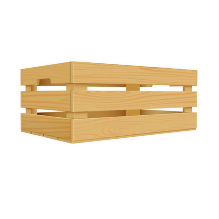 Vector realistic wooden box, basket for storage and transportation, delivery of food products, timber crate with holesのイラスト素材