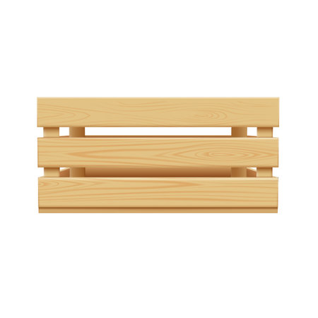 Vector realistic wooden box side view, timber crate with holes for storage and transportation, delivery food and freightのイラスト素材