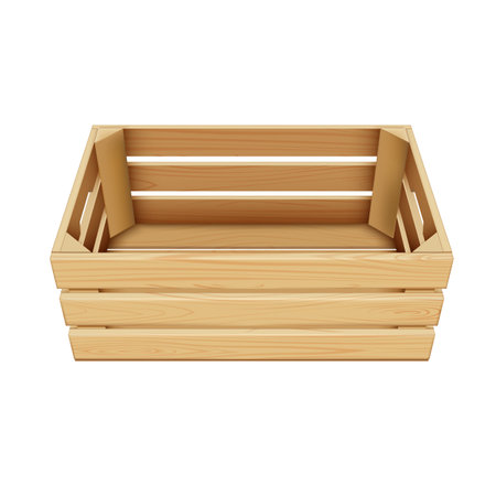 Vector realistic wooden box top view, timber crate with holes for storage and transportation, food and freight deliveryのイラスト素材