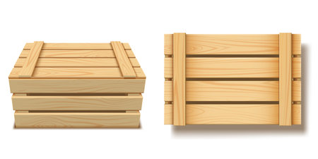Set of wooden closed boxes in top and side views. Realistic container.のイラスト素材