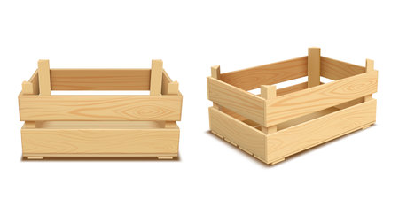 Set of realistic wooden crates with two boards on different sides.のイラスト素材