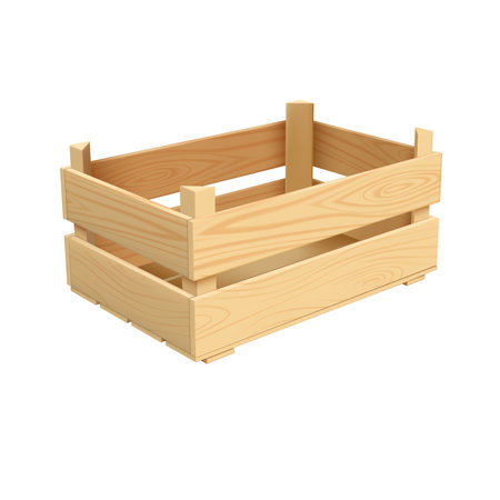 Realistic wooden box, basket for storage and transportation, delivery of food, freight, fruits, vegetables and productsのイラスト素材