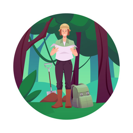 Archaeologist woman wear hat holding map in the forest, vector flat shovel and backpack archeology digging equipmentのイラスト素材