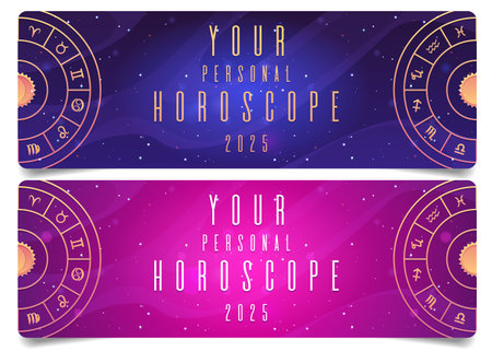 Your personal Horoscope vector design set, Zodiac wheel on different colors gradient space background, predictionのイラスト素材