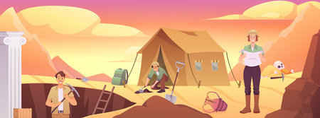 Archaeologists at a desert excavation site with a tent, ancient artifacts, tools, skeleton, column.のイラスト素材