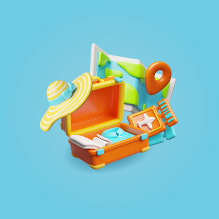 Open suitcase with packed clothes, sun hat for travel 3D cartoon vector illustration, airplane flight tickets and mapのイラスト素材