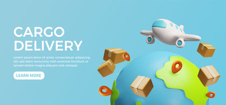 Airplane flight cargo delivery service advertising landing page vector 3D cartoon design, order shipping, logisticのイラスト素材