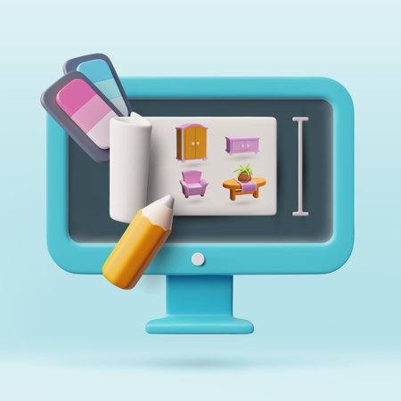 Furniture interior design service 3D vector illustration, color palette, wardrobe, table, pencil on computer screenのイラスト素材