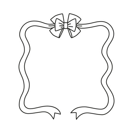 Black vintage frame with double bows knot and forked ends. Wavy ribbons square border coquette style. Minimalist line art for greeting cards, wedding invitations vector decoration outline designのイラスト素材
