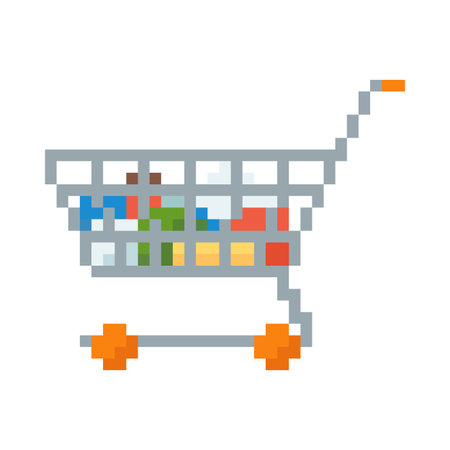 Pixel icon of a trolley with groceries on wheels, 8 bit style.のイラスト素材