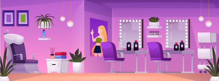 Beauty salon, stylish studio pink interior, fashion service, nail and hairdressing salon vector flat illustrationのイラスト素材