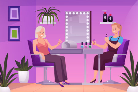 Manicurist working with client in Nail salon, stylists doing gel polish coating for woman, vector flat Beauty salonのイラスト素材