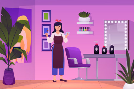 Make-up artist, stylist working in Beauty salon vector flat illustration, cartoon fashion stylish studio pink interiorのイラスト素材