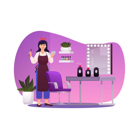 Make-up artist, stylist working in Beauty salon vector flat illustration, cartoon fashion service studio pink interiorのイラスト素材
