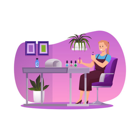Manicurist in apron with nail polish in nail salon, cartoon beauty service vector flat illustration in decorative frameのイラスト素材