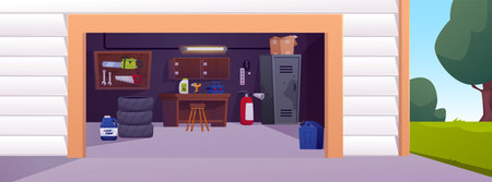Garage interior, storage room with auto and repair equipment, jerrican, tires, tools, boxes vector cartoon illustrationのイラスト素材