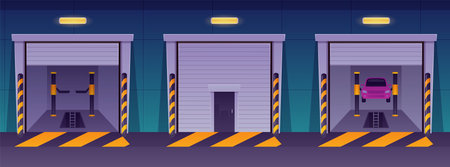 Car repair garage vector interior, three cabins with a lifting mechanism and an inspection pit for maintenance serviceのイラスト素材