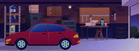 Garage interior with car at night, storage room with auto and repair equipment vector flat cartoon illustrationのイラスト素材