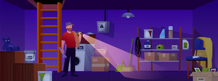 Man with flashlight in dark basement room, vector flat storage home cellar with wooden stairs, shelves, washing machineのイラスト素材