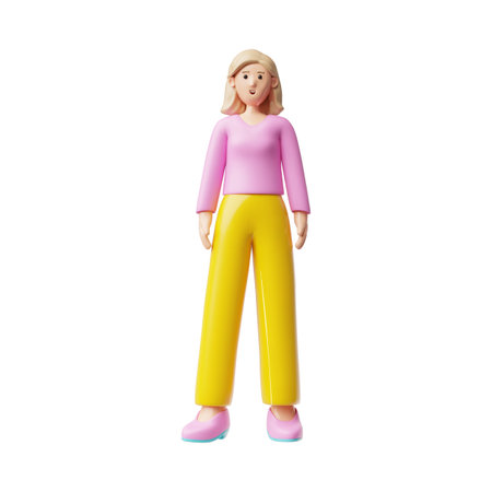 Beautiful blond woman 3d plastic style vector icon, cartoon smiling lady wear pink blouse and yellow pants full heightのイラスト素材