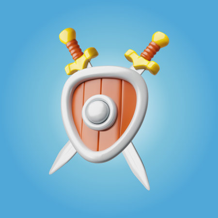 Protective medieval knight shield with two swords 3D cartoon plastic style vector, game armor ammunition and weaponのイラスト素材