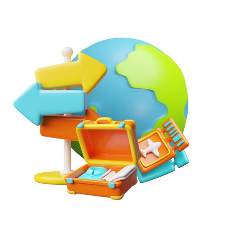Open suitcase with packed clothes, arrows pointers, airplane flight tickets and planet Earth 3D vector, Time to travelのイラスト素材