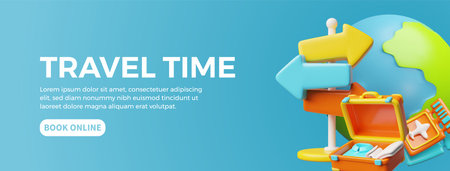 Travel time landing page design, suitcase, Earth, airplane flight tickets and pointer 3D plastic cartoon style vectorのイラスト素材