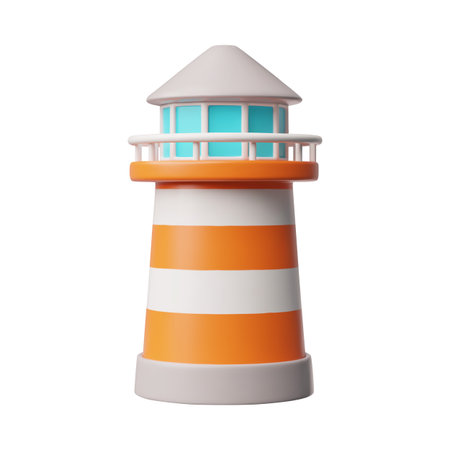 Lighthouse with beacon, red and white striped building 3D plastic cartoon style vector iconのイラスト素材