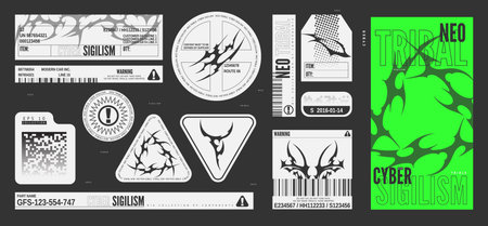 Neo tribal designs vector set, cyber sigilism ticket, label, sticker, poser, tag templates, gothic abstract sharp shapesのイラスト素材