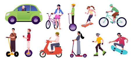 People driving ecological transport vector flat illustration set, cartoon electric scooter and car bicycle ECO lifestyleのイラスト素材