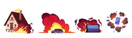 Burning fire, explosion effect, cartoon house, car, smartphone flaming, fire destruction, device disaster vector setのイラスト素材