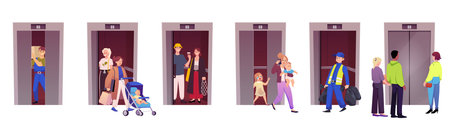 People using an elevator vector flat illustrations set, family with children and stroller, workers with cargo using liftのイラスト素材