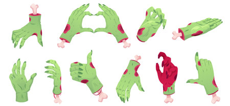 Creepy zombie hand gestures vector set, dead rotting flesh and bones, corpse arm thumbs up, heart walking dead elementsのイラスト素材