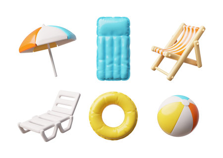 Summer travel, beach and pool elements 3D cartoon vector icon set, deck chair, beach umbrella, inflatable mattress, ballのイラスト素材