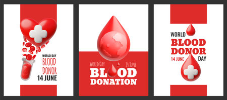 World blood donor day 14 June vector 3D poster designs set, cartoon heart with medical cross, Earth planet in blood dropのイラスト素材
