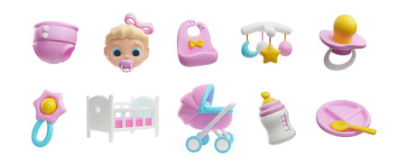 Set of baby girl things 3D vector collection, cute infant face, buggy, bed, diaper, pacifier, toys and feeding utensilのイラスト素材