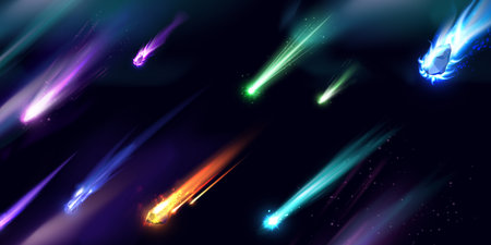 Falling asteroid or comet different colors with fire trail, realistic vector flying burn meteorite on the Aurora Polarisのイラスト素材