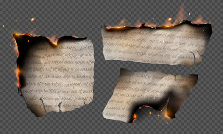 Paper letter burning realistic vector set, flaming torn page scrap with notes text or document sheet with fire and ashのイラスト素材