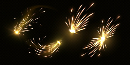 Sparkling firework explosion, glow firecracker, pyrotechnic burning sparkler effect, realistic golden salute vector setのイラスト素材