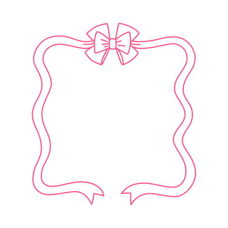 Pink vintage frame with bows knot and forked ends, wavy ribbons square border, coquette line art vector outline designのイラスト素材