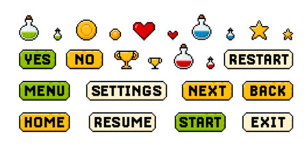 UI UX 8 bit game user software interface pixel vector icons set, block push buttons, heart, champion...