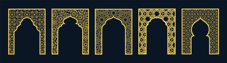 Golden Islamic arch gate Arabic beautiful arabesque pattern oriental style, traditional Ramadan door frame vector setのイラスト素材