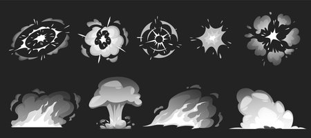 Dynamite or bomb explosion smoke effect different shapes vector set, cartoon blast boom, explode bomb puff, bang gameのイラスト素材
