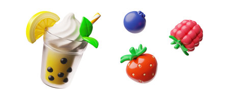 Bubble tea with tapioca pearls, lemon and berries, milkshake cocktail 3D cartoon vector icons set, Boba Asian pearl teaのイラスト素材