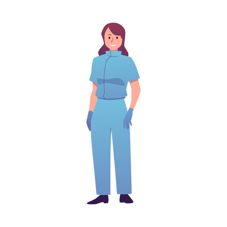 Spa salon massage or cosmetology therapist in blue uniform with gloves, vector flat woman beauty salon employeeのイラスト素材
