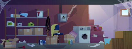 Abandoned dark basement room interior with cobwebs and scattered trash, dirty storage home cellar vector illustrationのイラスト素材