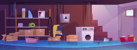 Flood basement room interior, storage home cellar with furniture, washing machine float in water vector illustrationのイラスト素材
