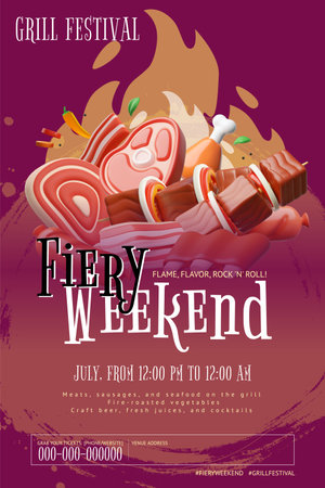 Grill festival 3D cartoon vector poster design, Fiery weekend invitation, realistic BBQ barbecue, roast meat, steakのイラスト素材
