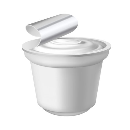 Yogurt cup, sour cream, milk products package, realistic vector 3D mockup of white round plastic container with foil lidのイラスト素材